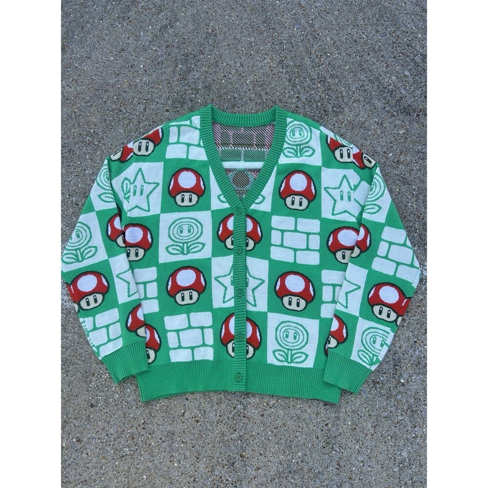 Nintendo Super Mario Bros. Toad Mushroom Checkered Cardigan Size M/L